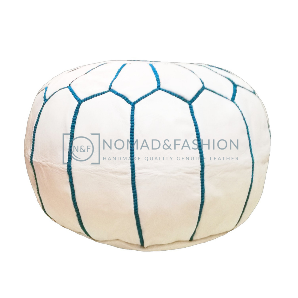 Premium handmade leather Moroccan pouf ottoman round  poof White Blue Sky
