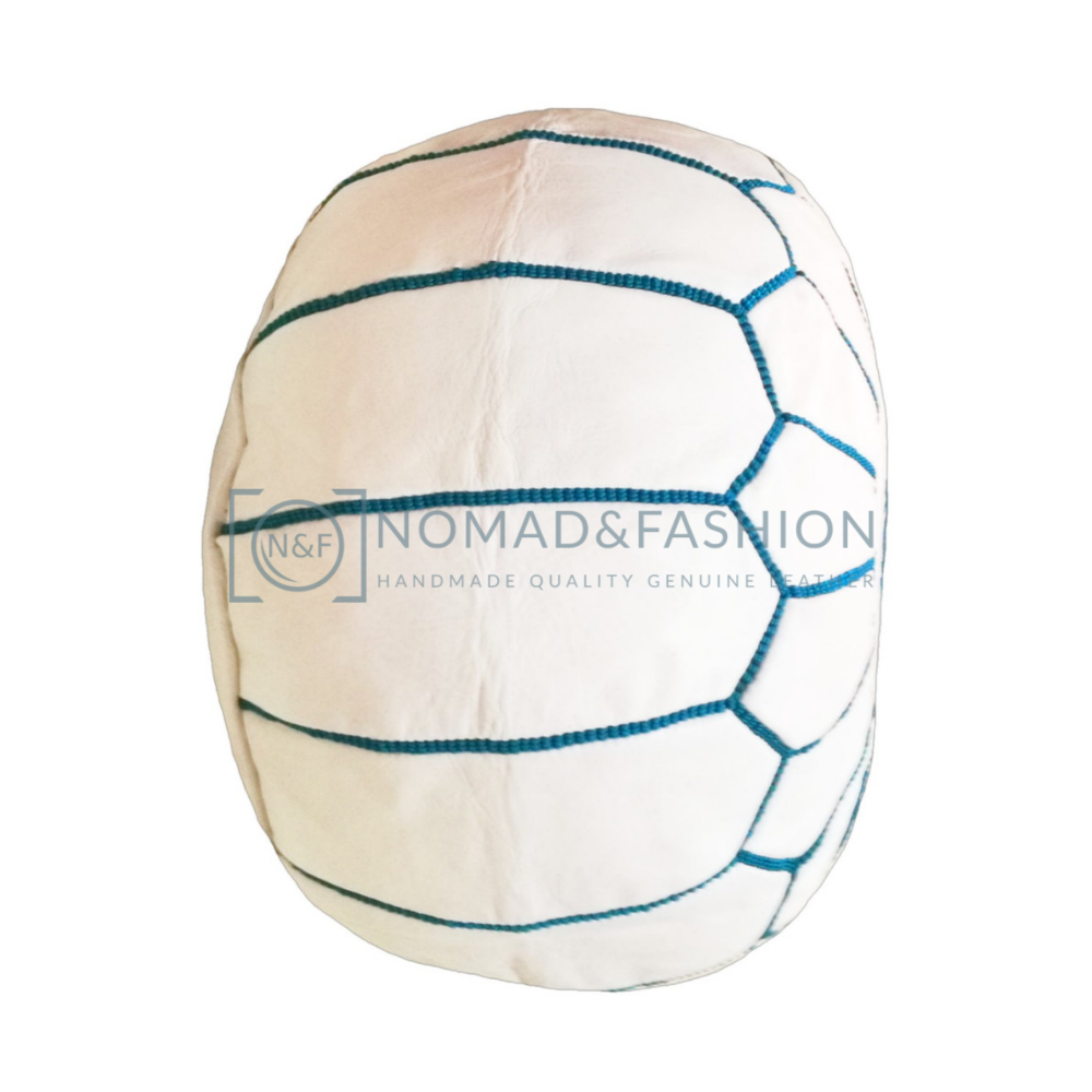 Premium handmade leather Moroccan pouf ottoman round  poof White Blue Sky