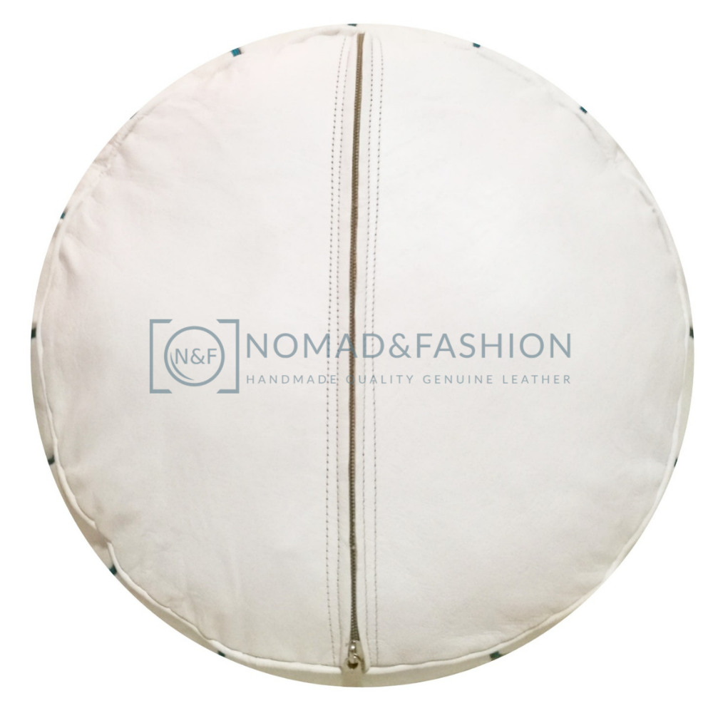 Premium handmade leather Moroccan pouf ottoman round  poof White Blue Sky