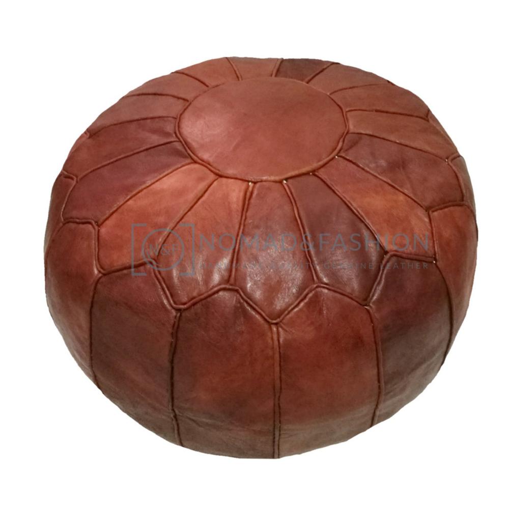 Premium handmade leather Moroccan pouf ottoman round  poof Red Brown