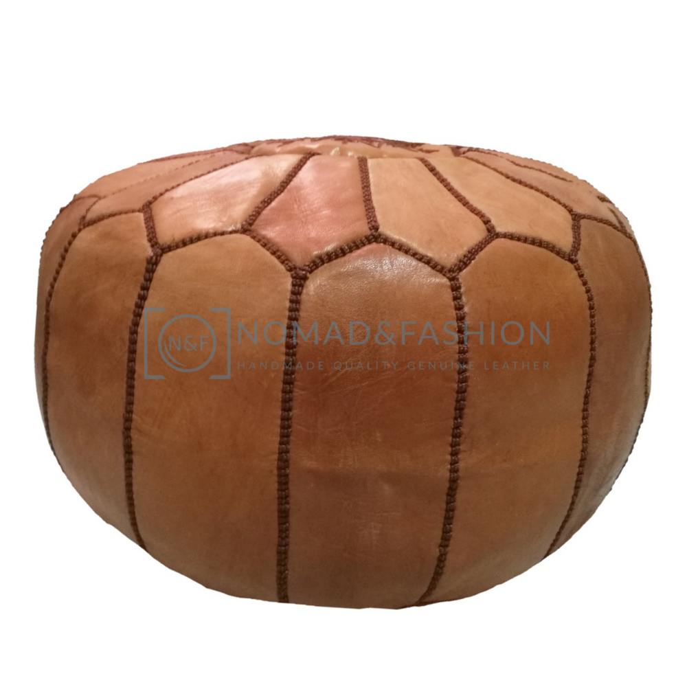 Premium handmade leather Moroccan pouf ottoman round  poof Color Light Almond Stitched Brown