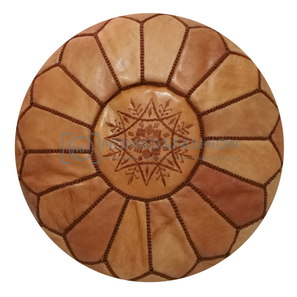 Premium handmade leather Moroccan pouf ottoman round  poof Color Light Almond Stitched Brown