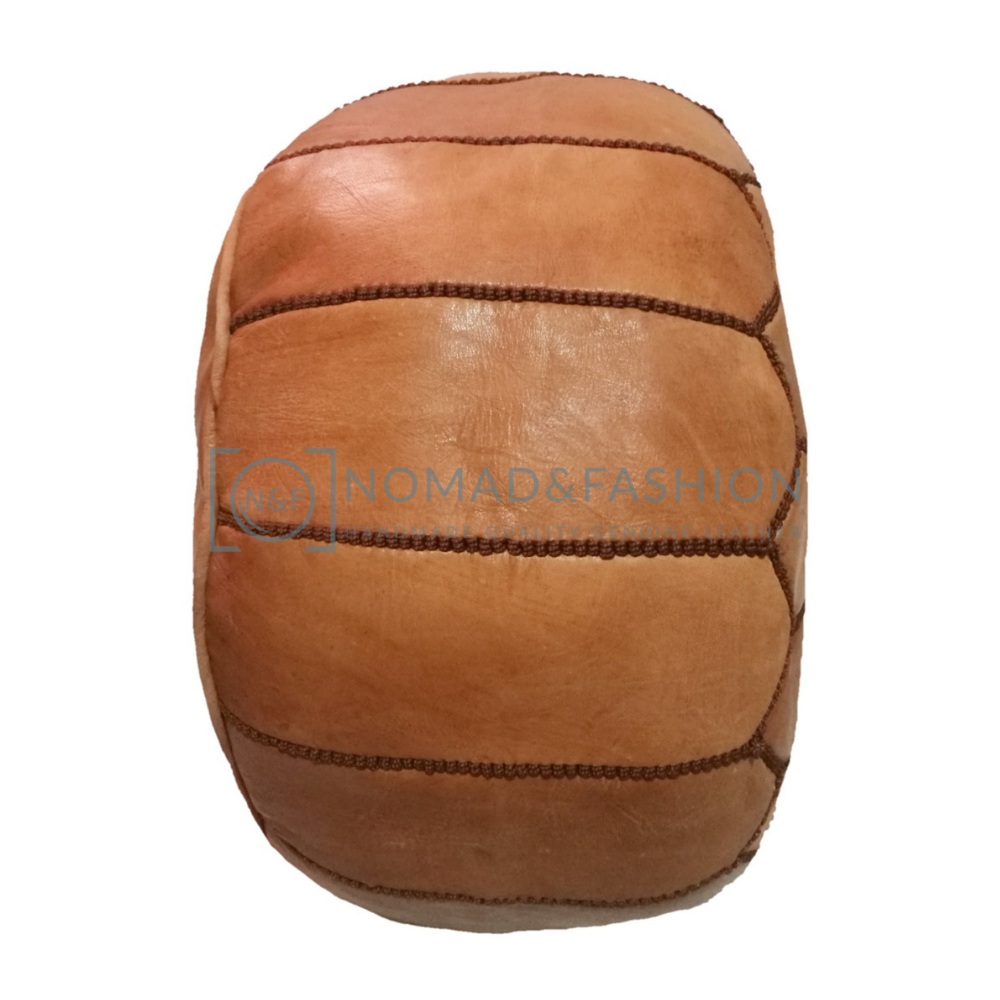 Premium handmade leather Moroccan pouf ottoman round  poof Color Light Almond Stitched Brown