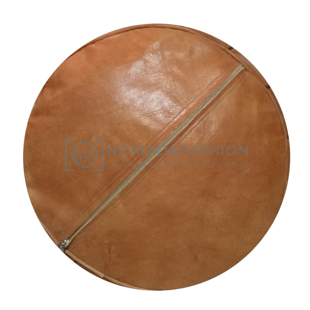 Premium handmade leather Moroccan pouf ottoman round  poof Color Light Almond Stitched Brown