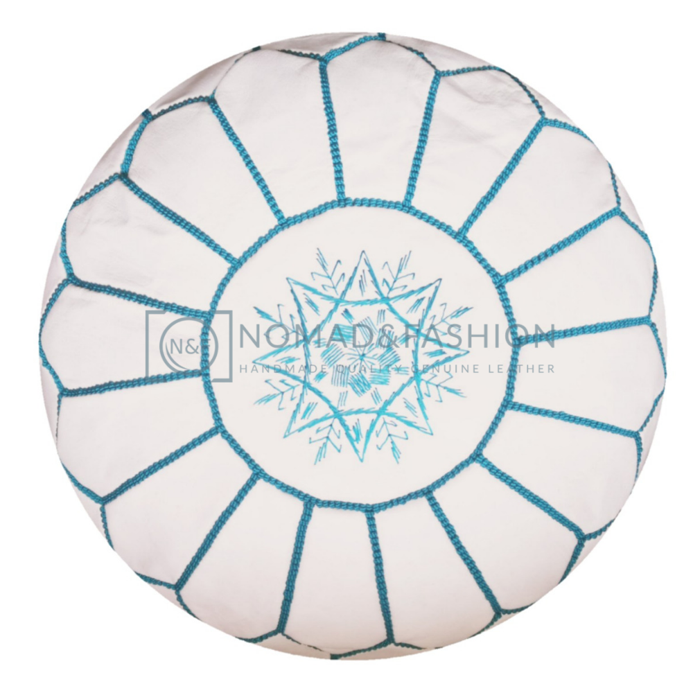 Premium handmade leather Moroccan pouf ottoman round  poof White Blue Sky