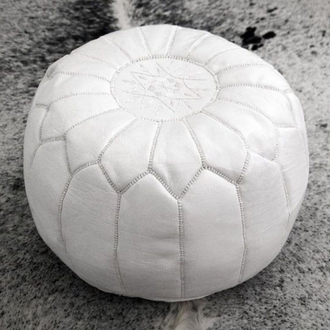 Set Of 2 Geniune Moroccan handmade leather pouf White