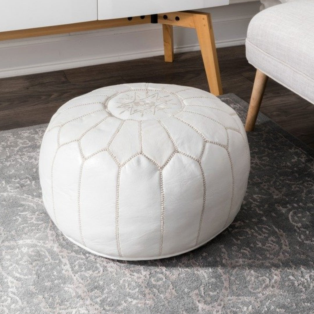 Set Of 2 Geniune Moroccan handmade leather pouf White