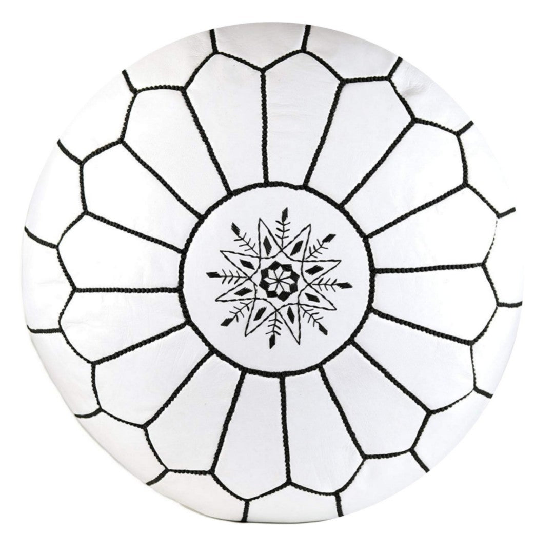 Moroccan handmade leather pouf White stitched in black