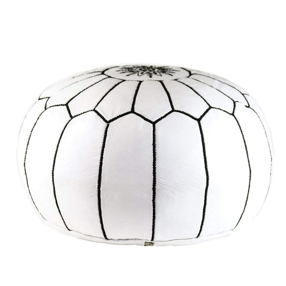 Moroccan handmade leather pouf White stitched in black