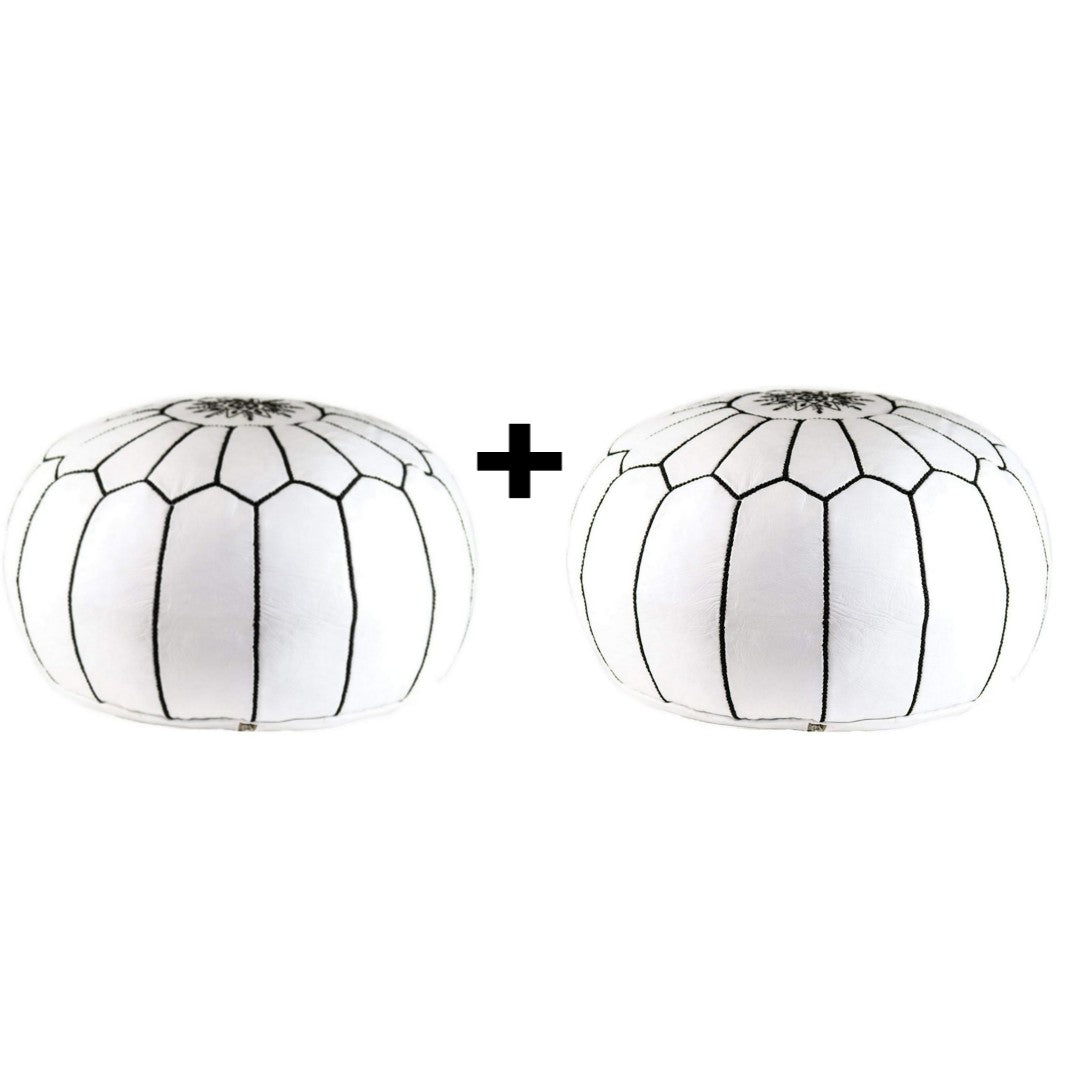 Set Of 2 Moroccan handmade leather pouf White stitched in black