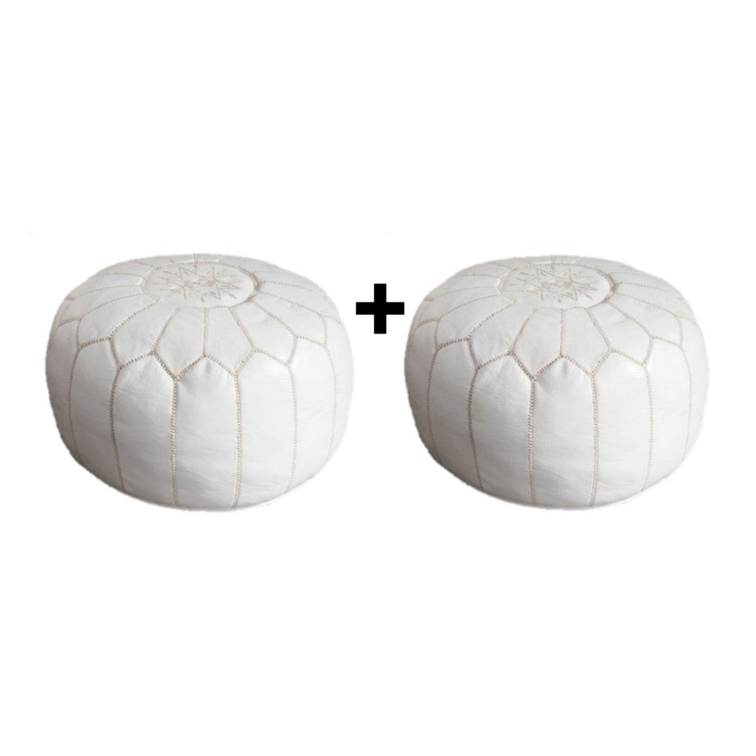 Set Of 2 Geniune Moroccan handmade leather pouf White