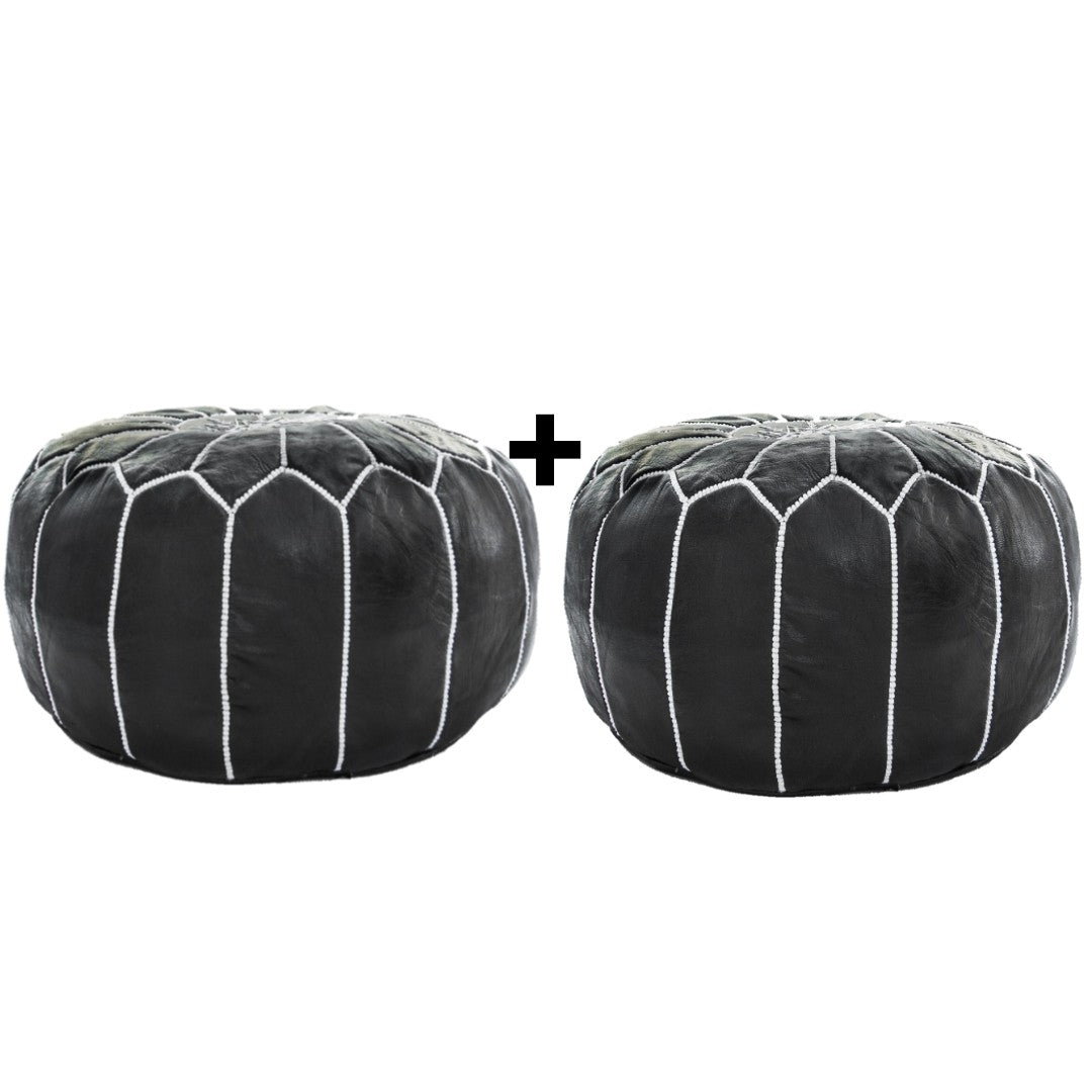 Set of 2 Moroccan handmade leather pouf Black