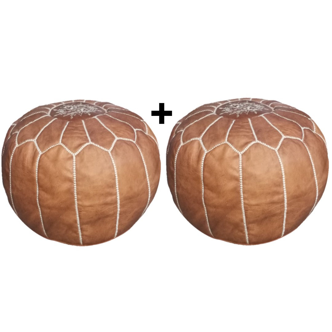 Set Of 2 Geniune Moroccan handmade leather pouf Natural