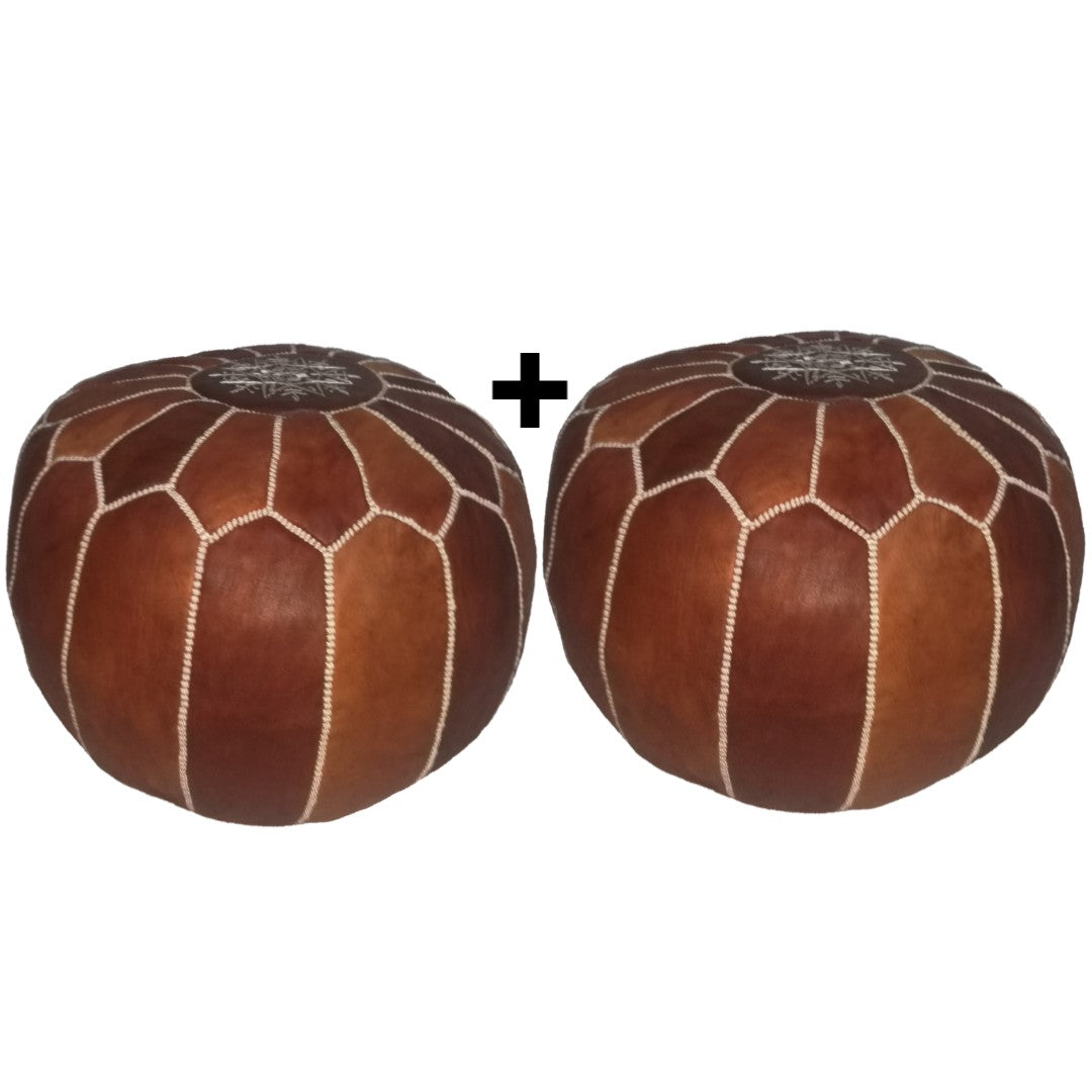 Set Of 2Geniune Moroccan handmade leather pouf Dark Almond